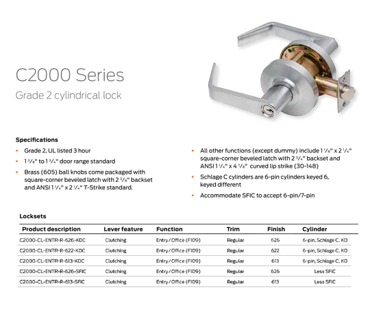 Dexter C2000-CL-ENTR-R Grade 2 Entry/Office Cylindrical Lock w/ Regular Lever, Clutching