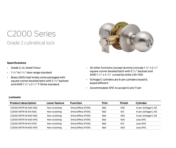 Dexter C2000-ENTR-B Grade 2 Entry/Office Cylindrical Lock w/ Ball Knob