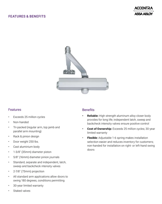Accentra (Yale) TJ151 Door Closer, Top Jamb, Hold Open