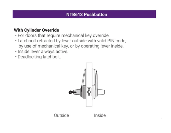 Accentra (Yale) PB-NTB613-NR Nextouch Pushbutton Keypad Lock, w/ Cylinder Override