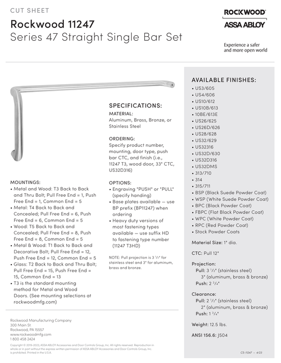 Rockwood 11247 Straight Single Bar Set, 12" Pull CTC, w/ T3 Back to Back and Thrubolt Mounting