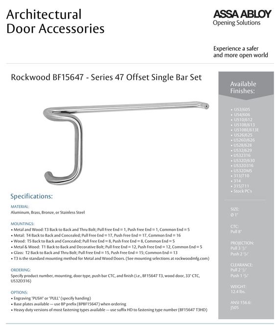 Rockwood BF15647 Offset Single Bar Set, 8" Pull CTC, w/ T3 Back to Back and Thrubolt Mounting