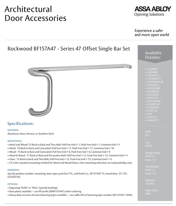 Rockwood BF157A47 Offset Single Bar Set, 9" Pull CTC, w/ T3 Back to Back and Thrubolt Mounting