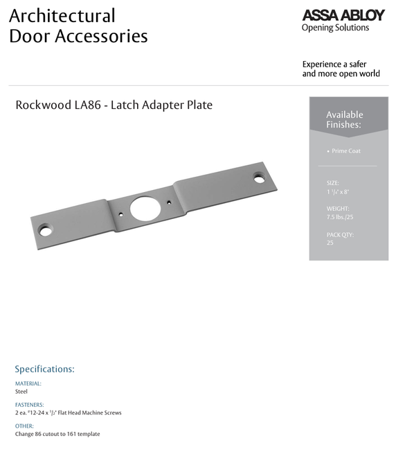 Rockwood LA86 1-1/4" x 8" Latch Adapter Plate