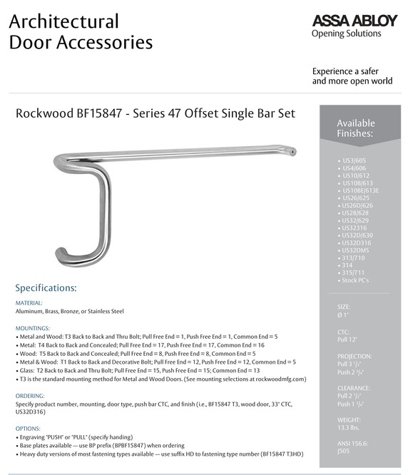 Rockwood BF15847 Offset Single Bar Set, 12" Pull CTC, w/ T3 Back to Back and Thrubolt Mounting