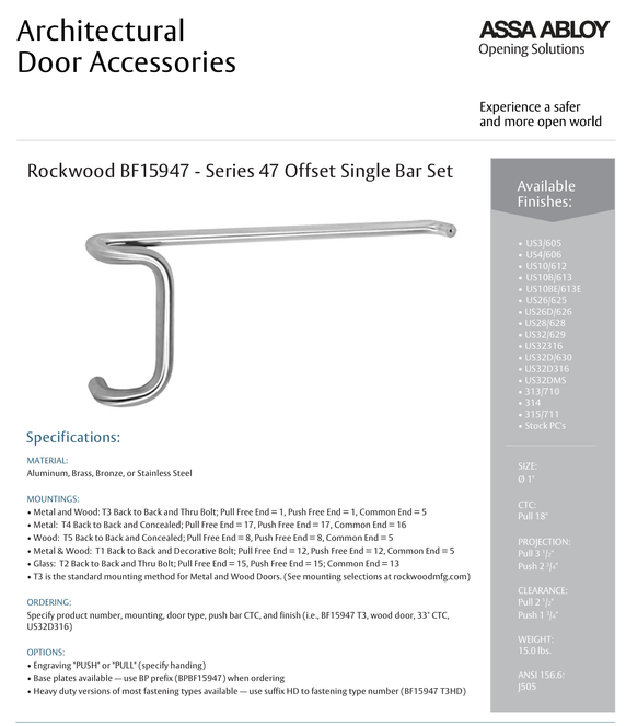 Rockwood BF15947 US32D Offset Single Bar Set, 18" Pull CTC, w/ T3 Back to Back and Thrubolt Mounting, Satin Stainless Steel