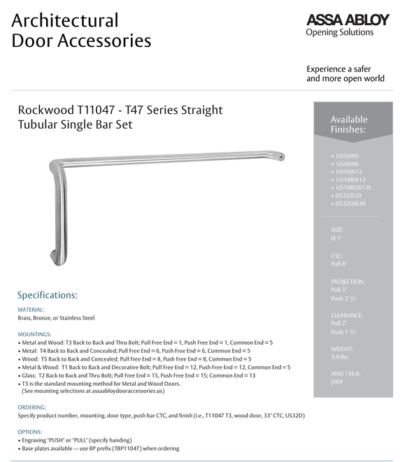 Rockwood T11047 Straight Tubular Single Bar Set, 8" Pull CTC, w/ T3 Back to Back and Thrubolt Mounting
