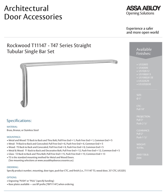 Rockwood T11147 Straight Tubular Single Bar Set, 10" Pull CTC, w/ T3 Back to Back and Thrubolt Mounting
