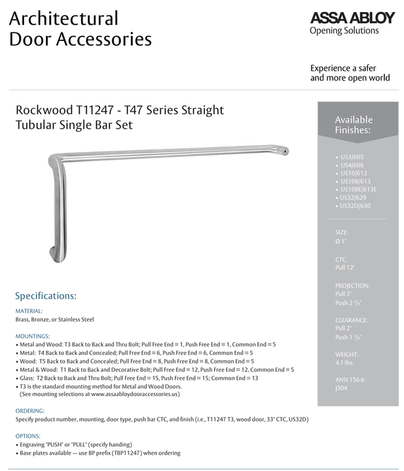 Rockwood T11247 Straight Tubular Single Bar Set, 12" Pull CTC, w/ T3 Back to Back and Thrubolt Mounting