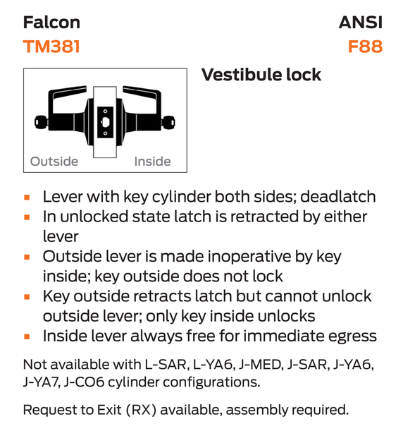 Standard Master Lock Falcon TM381P AVA Vestibule Lever Lock w/ Conventional Cylinder, Avalon ...