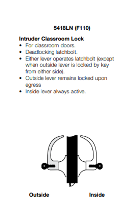 Yale AU5418LN Grade 1 Intruder Classroom Cylindrical Lever Lock