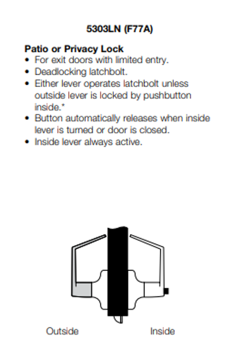 Yale AU5303LN Grade 2 Patio or Privacy Lever Lock