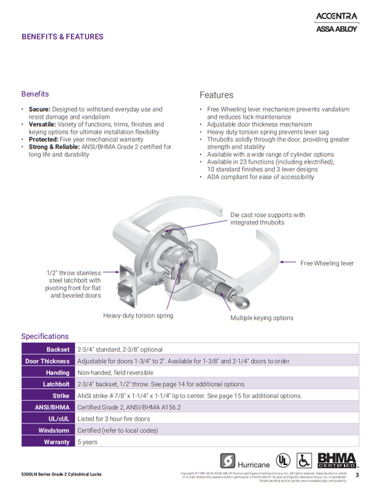 Accentra (Yale) MO5307LN Grade 2 Entry Cylindrical Lever Lock