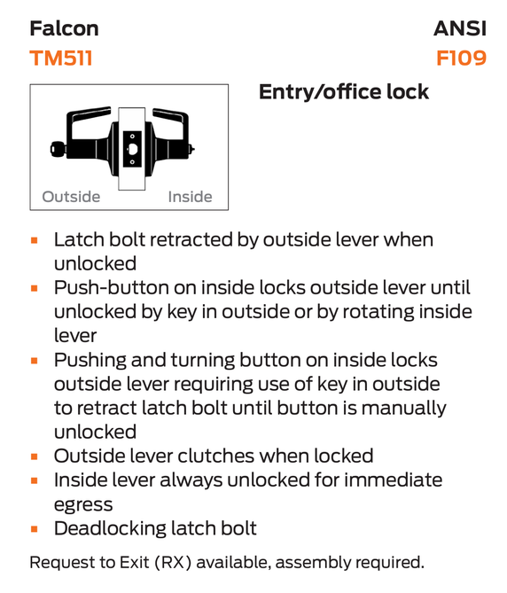 Falcon TM511P AVA Entry/Office Lever Lock, w/ Conventional Cylinder, Avalon Style