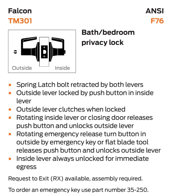 Falcon TM301 QUA Bath/Bedroom Privacy Lever Lock, Quantum Style