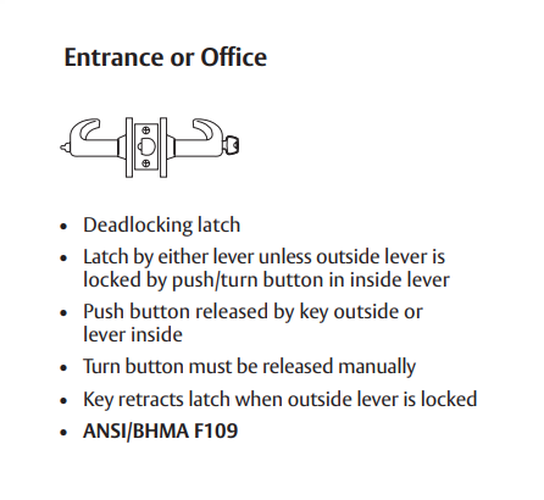 Sargent LC-10XG05 LB Entrance or Office Cylindrical Lever Lock, Less Cylinder