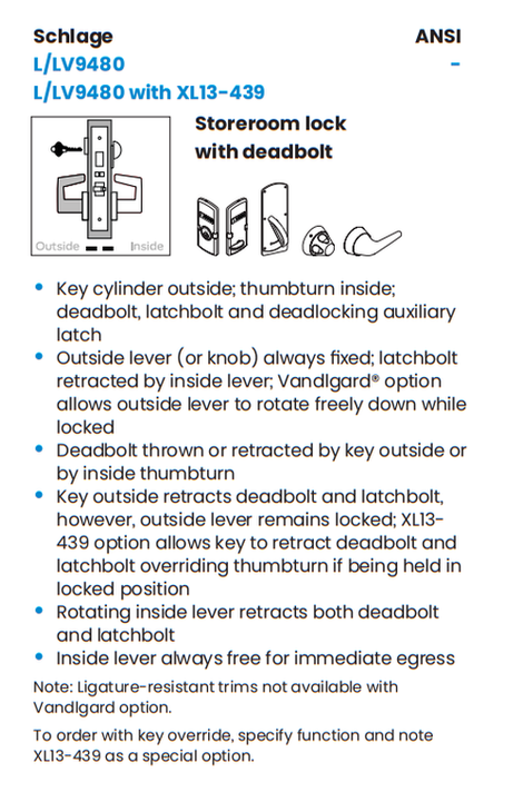 Schlage L9480L 02A Storeroom Mortise Lock w/ Deadbolt, Less Cylinder