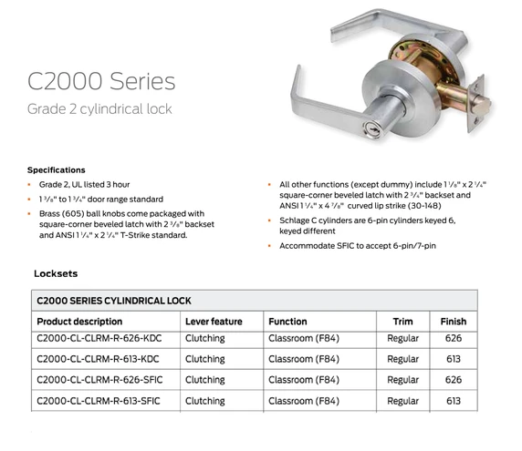 Dexter C2000-CL-CLRM-R Grade 2 Classroom Cylindrical Lock w/ Regular Lever, Clutching