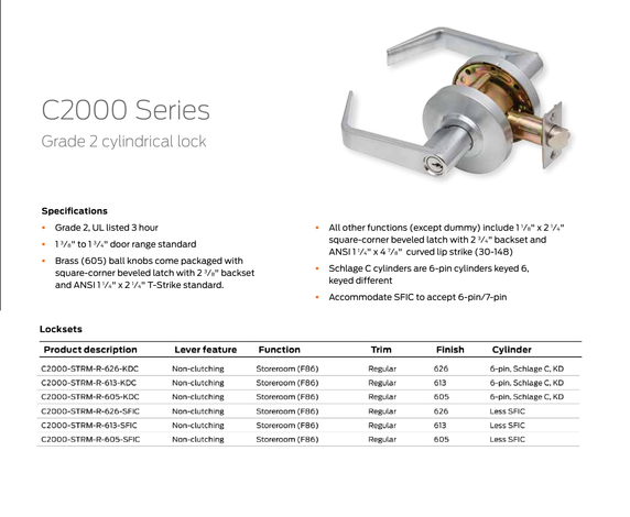 Dexter C2000-STRM-R Grade 2 Storeroom Cylindrical Lock w/ Regular Lever