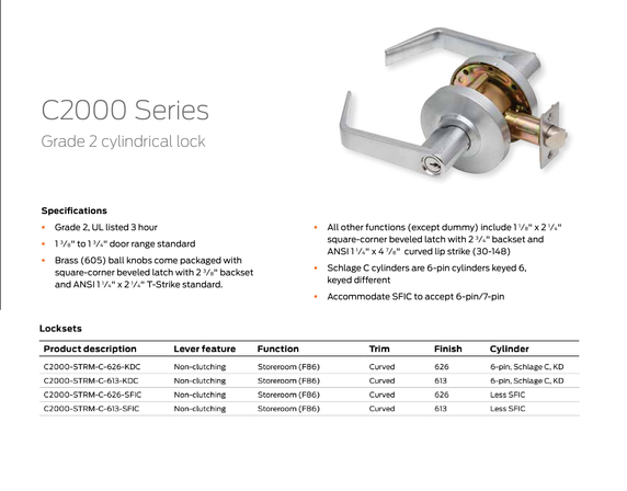 Dexter C2000-STRM-C Grade 2 Storeroom Cylindrical Lock w/ Curved Lever
