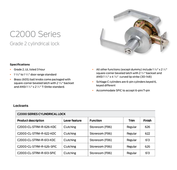 Dexter C2000-CL-STRM-R Grade 2 Storeroom Cylindrical Lock w/ Regular Lever, Clutching