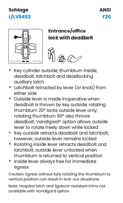 Schlage L9453J 06A Entrance Mortise Lock with Deadbolt, Accepts large Format IC Core (LFIC)