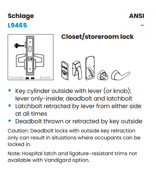 Schlage L9465B 01N Closet/Storeroom Mortise Lock with Deadbolt, Accepts Small Format IC Core (SFIC)