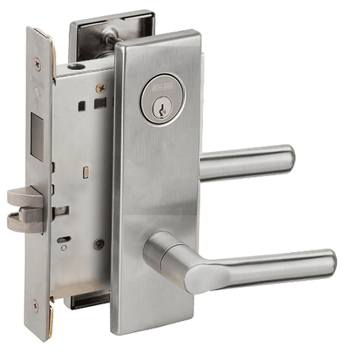 Schlage L9466P 18N 626 Store/Utility Room Mortise Lock with Deadbolt, w/ 18 Lever and N Escutcheon, Satin Chrome Finish