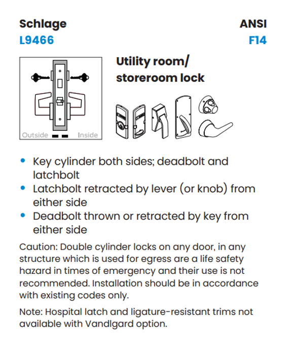 Schlage L9466L 18N 626 Store/Utility Room Mortise Lock with Deadbolt, Less Cylinder, Satin Chrome Finish