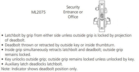 Corbin Russwin ML2075 NSA Security Entrance or Office Mortise Lock