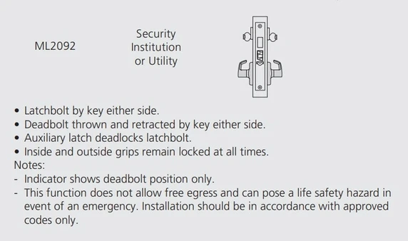 Corbin Russwin ML2092 ASA Security Institution or Utility Mortise Lock