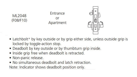 Corbin Russwin ML2048 LSA 626 LC Entrance or Apartment Mortise Lock, Conventional Less Cylinder, Satin Chrome Finish