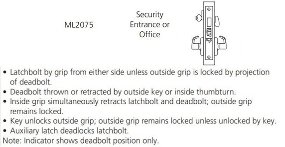 Corbin Russwin ML2075 LSA 626 LC Security Entrance or Office Mortise Lock, Conventional Less Cylinder, Satin Chrome Finish