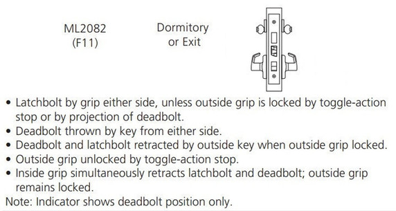 Corbin Russwin ML2082 LSA 626 LC Dormitory or Exit Mortise Lock, Conventional Less Cylinder, Satin Chrome Finish