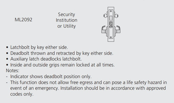 Corbin Russwin ML2092 LSA 626 LC Security Institution or Utility Mortise Lock, Conventional Less Cylinder, Satin Chrome Finish