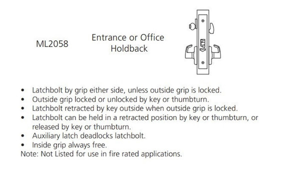 Corbin Russwin ML2058 RSA 626 LC Entrance or Office Holdback Mortise Lock, Conventional Less Cylinder, Satin Chrome Finish