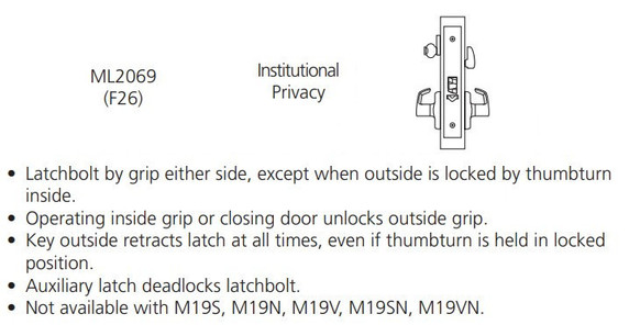 Corbin Russwin ML2069 RSA 626 LC Institutional Privacy Mortise Lock, Conventional Less Cylinder, Satin Chrome Finish