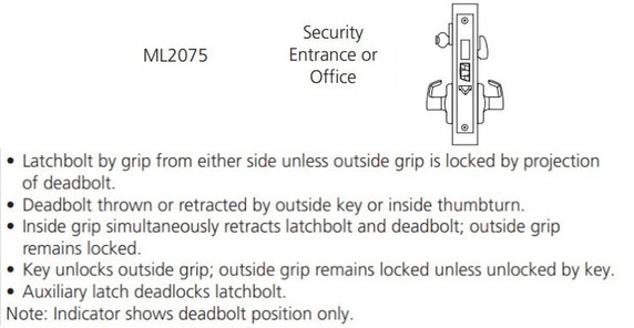 Corbin Russwin ML2075 RSA 626 LC Security Entrance or Office Mortise Lock, Conventional Less Cylinder, Satin Chrome Finish