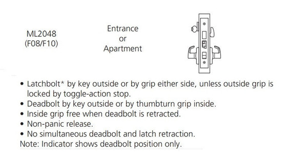 Corbin Russwin ML2048 DSA 626 LC Entrance or Apartment Mortise Lock, Conventional Less Cylinder, Satin Chrome Finish