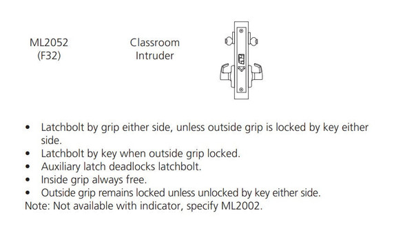 Corbin Russwin ML2052 DSA 626 LC Classroom Intruder Mortise Lock, Conventional Less Cylinder, Satin Chrome Finish