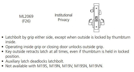 Corbin Russwin ML2069 DSA 626 LC Institutional Privacy Mortise Lock, Conventional Less Cylinder, Satin Chrome Finish