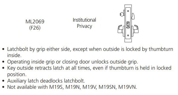 Corbin Russwin ML2069 NSA 626 CL6 Institutional Privacy Mortise Lock, Accepts Large Format IC Core (LFIC), Satin Chrome Finish