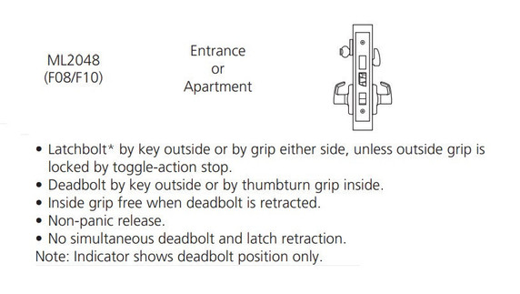 Corbin Russwin ML2048 ASA 630 LC Entrance or Apartment Mortise Lock, Conventional Less Cylinder, Satin Stainless Steel Finish