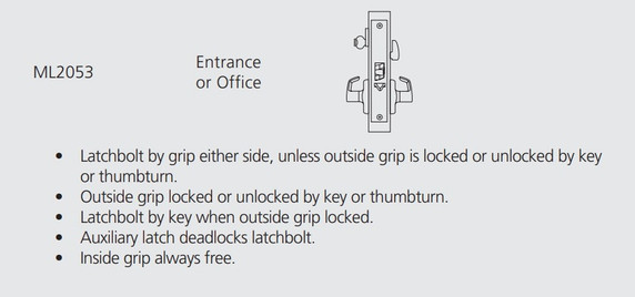 Corbin Russwin ML2053 ASA 630 LC Entrance or Office Mortise Lock, Conventional Less Cylinder, Satin Stainless Steel Finish