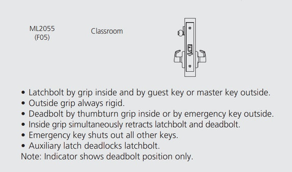 Corbin Russwin ML2055 ASA 630 LC Classroom Mortise Lock, Conventional Less Cylinder, Satin Stainless Steel Finish