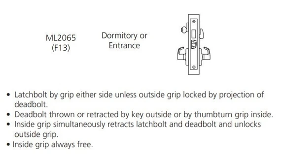Corbin Russwin ML2065 ASA 630 LC Dormitory or Entrance Mortise Lock, Conventional Less Cylinder, Satin Stainless Steel Finish