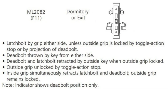 Corbin Russwin ML2082 ASA 630 LC Dormitory or Exit Mortise Lock, Conventional Less Cylinder, Satin Stainless Steel Finish