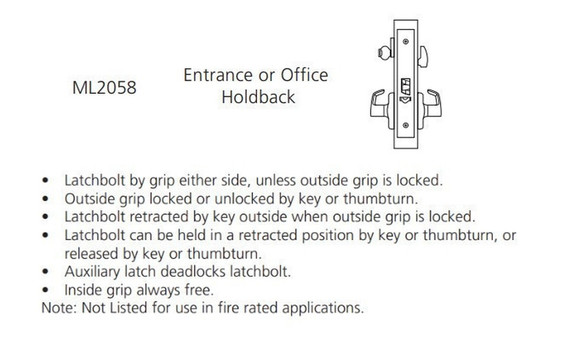 Corbin Russwin ML2058 PSA 626 LC Entrance or Office Holdback Mortise Lock, Conventional Less Cylinder, Satin Chrome Finish