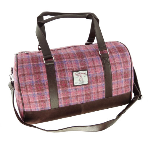 Pink Plaid Harris Tweed Travel Bag Scottish Lion