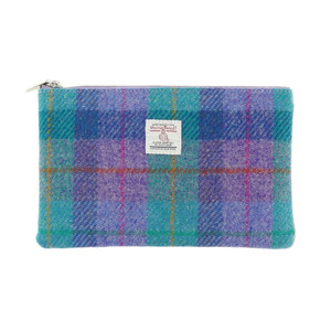 Harris Tweed Medium Zipped Pouch in Green and Purple Tartan